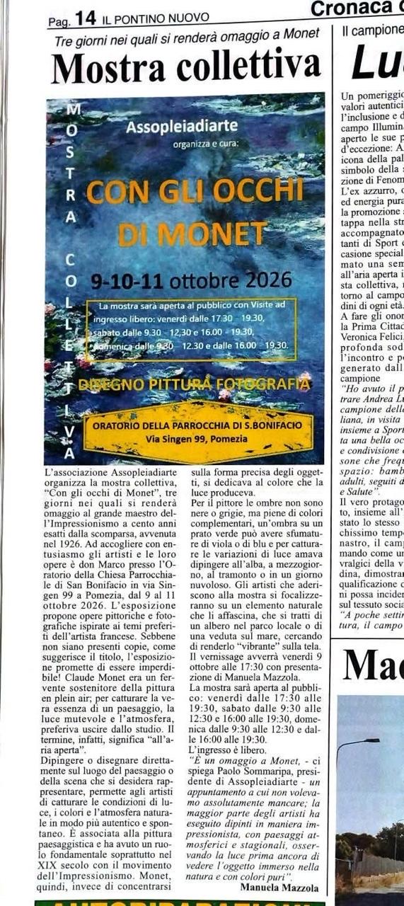 Articolo del Pontino Nuovo sulla mostra collettiva Con gli occhi di Monet