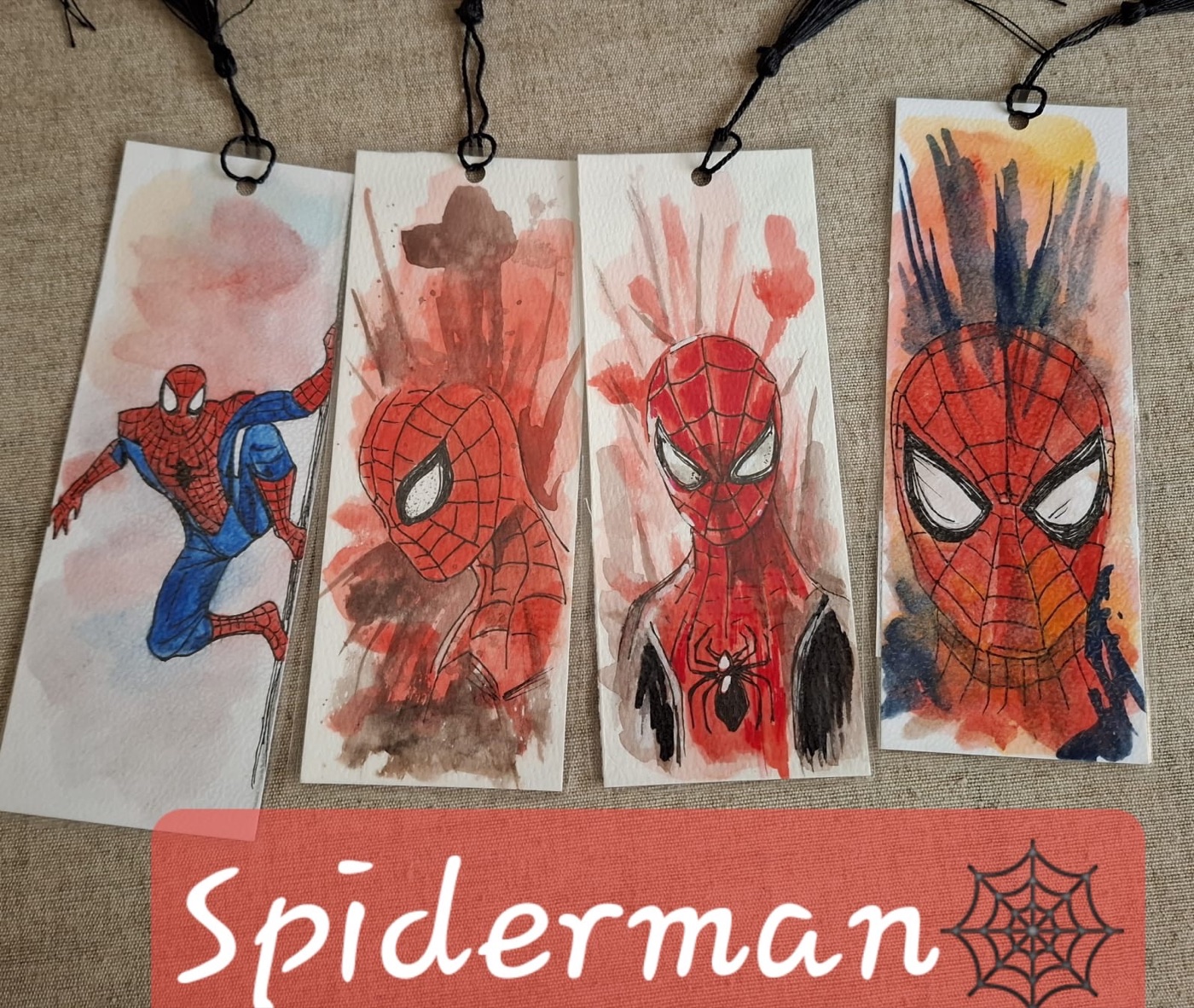 Quattro segnalibri dipinti a mano a tema Spider-Man