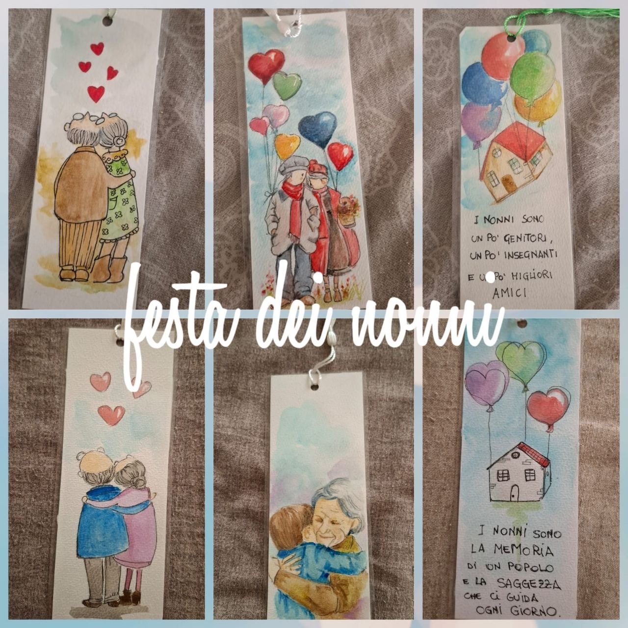 Collage di cinque segnalibri illustrati per la Festa dei nonni